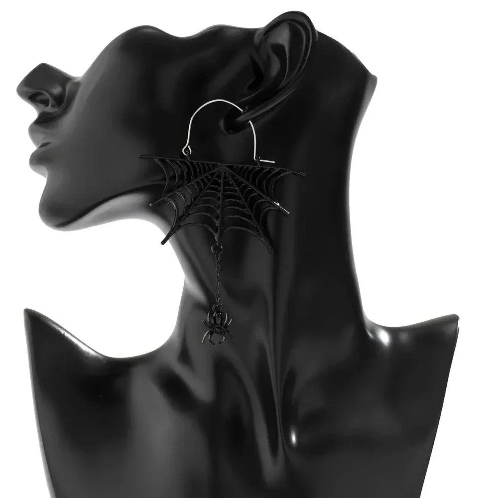 Halloween Sweet Cool Spider Mesh Fringe Earrings Dark Wind Metal Cutout - Picture 5 of 6
